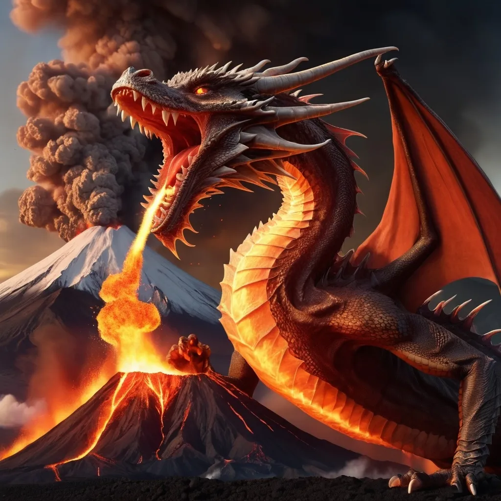 Prompt: A dragon spitting fire from its mouth, standing next to an erupting volcano.