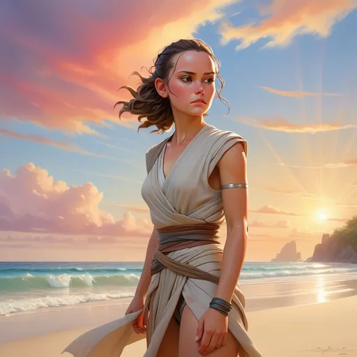 Prompt: (realism style), Rey Skywalker, serene beach scene, (vibrant colors), soft waves lapping, sun-kissed skin, glistening water, warm sand beneath, gentle breeze, dynamic sky filled with colorful clouds, relaxed pose, natural beauty, crystal-clear ocean background, (ultra-detailed), peaceful atmosphere, artistic interpretation merging fantasy and nature, captivating visual storytelling.