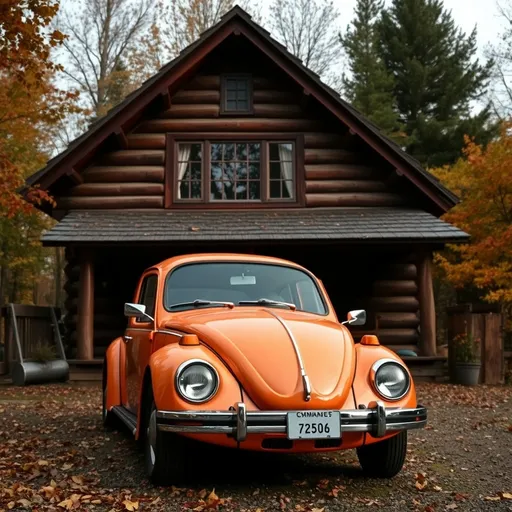 Prompt: Volkswagen beetle parked infront of a cabin, during autumn, the trees chang colors