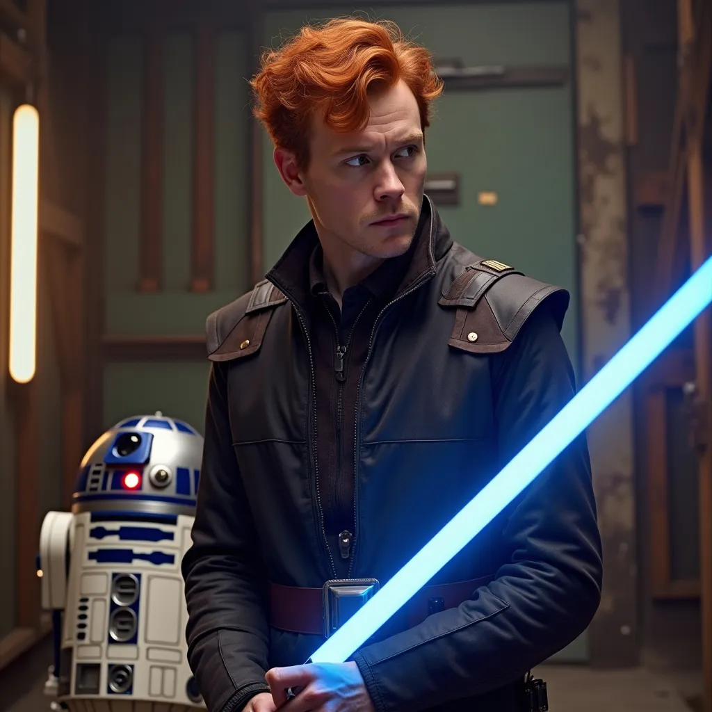 Prompt: redhead man (((cameron monaghan))) dressed in star wars smuggler type clothing, blue lightsaber in his hand. Red R2-D2