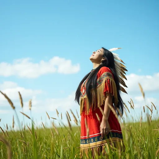 Prompt: one Native American woman standing in a field of grass looking up at the sky