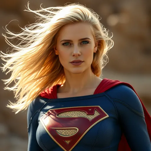 Prompt: Supergirl played by (scarlet Johansson), blond hair, hair blowing in the wind,