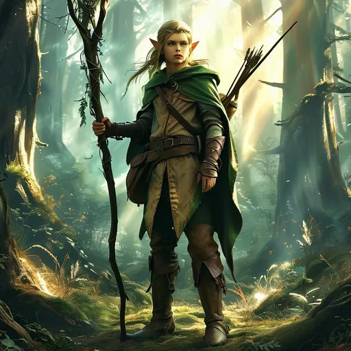 Prompt: Elf ranger in a mystical forest around sunlight