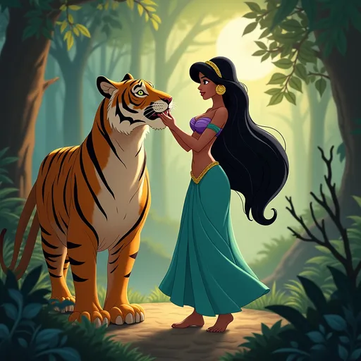 Prompt: Disney's Princess in Jasmine in the forest with a Tiger