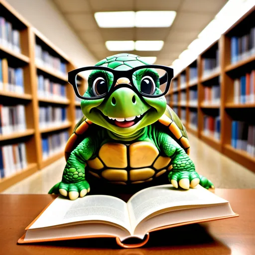 Prompt: A nerdy turtle in the library flipping through a book