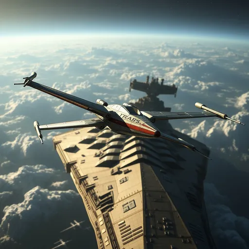 Prompt: 3D Game Cinematic Feel, Epic 3D Videogame Graphics, Intricately Detailed, 8K Resolution, Dynamic Lighting, Unreal Engine 5, CryEngine, Trending on ArtStation, HDR, 3D Masterpiece, Unity Render, Perfect Composition, X-wing fighterover a Star Destroyer from Star Wars