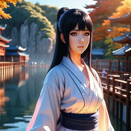 Prompt: (hyper-realistic anime character), Hinata Hyuga, beautiful wushu girl, vibrant anime style eyes, long flowing black hair, walking gracefully on a scenic boardwalk, sunlit atmosphere, dynamic pose, intricate details, (breathtaking background of shimmering water), soft warm lighting, (4K), ultra-detailed, serene mood.