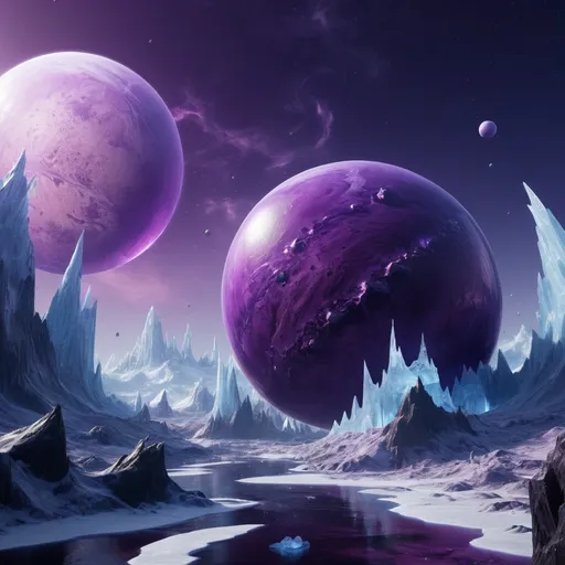 Prompt: A planet filled with ice and purple gas. Middle of the universe.detailed matte painting, deep color, fantastical, intricate detail, splash screen, complementary colors, fantasy concept art, 8k resolution trending on Artstation Unreal Engine 5