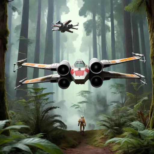 Prompt: X-wing fighter landing in the forest of Naboo