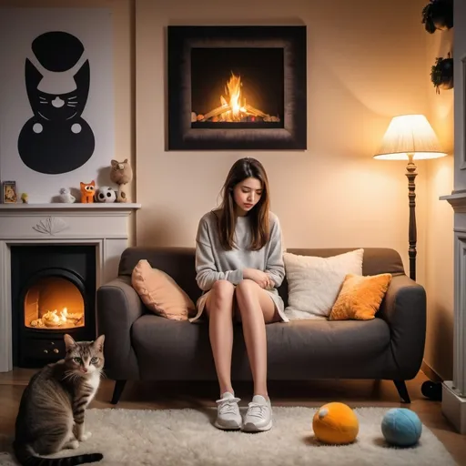 Prompt: a young woman with a short skirt and sneaker sitting on a sofa near the fireplace looking at an empty cat bed and cat toys. She lost her cat recently. their picture is on wall, warm atmosphere, night, no cat included just in picture on the wall