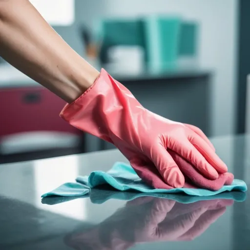 Prompt: realistic photo, blurry vignette, up close, teal colored rubber gloves cleaning, office background, wiping with a cleaning cloth
