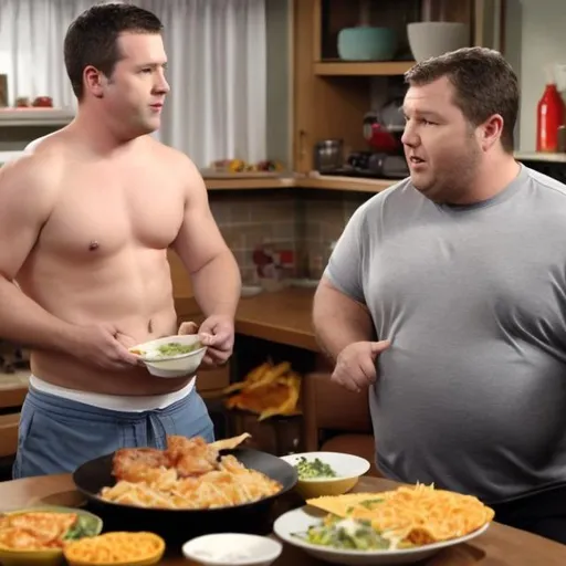 Prompt: American tv show of men attempting to gain the most weight and fat by eating fatty food
