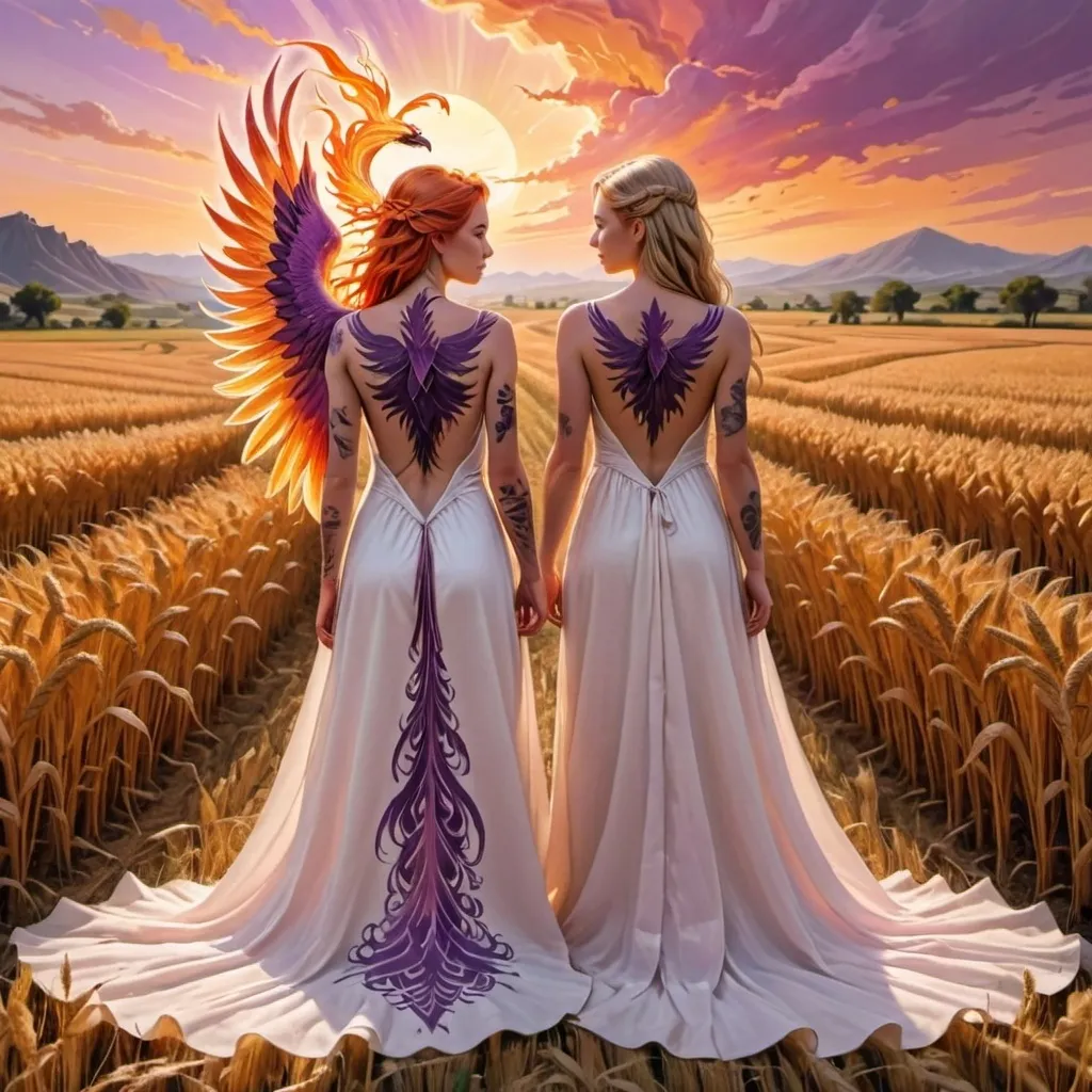 Prompt: A shadow of a fiery phoenix bird behind orange purple clouds, over a wheat field , that is in front of a mountain range, and on the wheat field a long blond hair mother and daughter sitting in long white dresses with Portugese natioanl attire, seen from behind, with a translucent dress, and a phoenix tattoo on the back