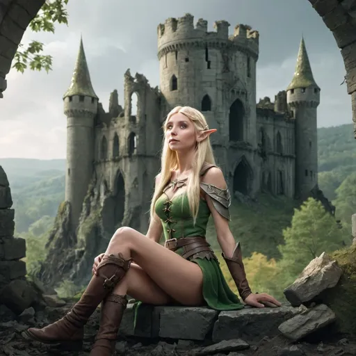 Prompt: A blonde elf woman sitting in front of a ruined castle by a forest.