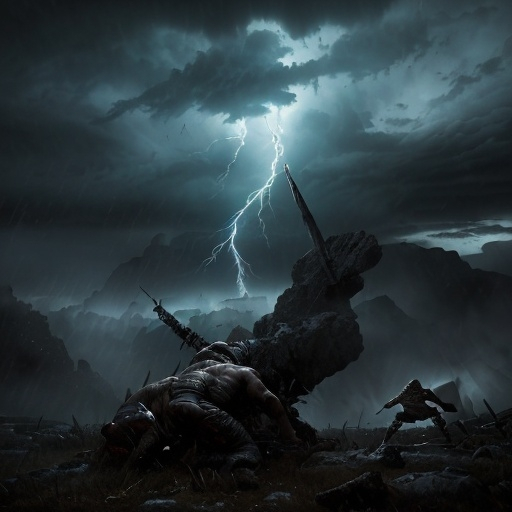 Prompt: Depiction an acient battlefield. The norse gods are on the battlefield.Locked in epic fight.