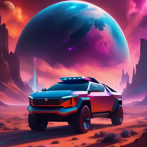 Prompt: (fantasy style), Elon Musk drive inside the Cybertruck, magical landscape, vibrant color scheme, dramatic lighting capturing a surreal ambiance, ethereal clouds, shimmering stars, futuristic elements, high detail, dynamic composition, vivid colors creating an enchanting scene, (ultra-detailed), a blend of reality and fantasy. with the planet mars as background.