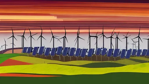 Prompt: landscape with green field and horizontal weaving road.  Has 5 wind turbines  on the left above the path. On the right are 20 houses with solar panels on roofs.  Power lines join the turbines to  houses.  Australian landscape with 5 kangaroos in foreground.  Make it look like an abstract realistic oil painting.  Use reds, oranges and purples hues