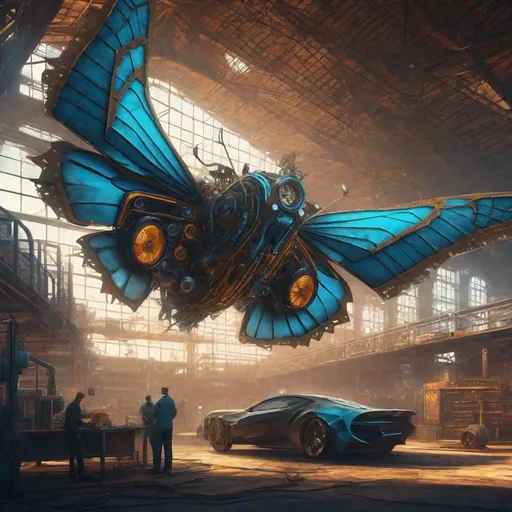 Prompt: digital illustration, wide view of future city, mechanics working on cyberpunk style one big sharp shaped butterfly flying winged machine created from scraps with blue turbine in front of three mechanics inside rusty hangar, word "grand prix" on the wall 4k, high res,