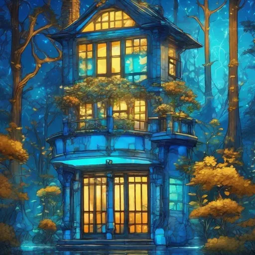 Prompt: one tall modern fantasy house with flower splat painted illustration blue neon glowing inside house