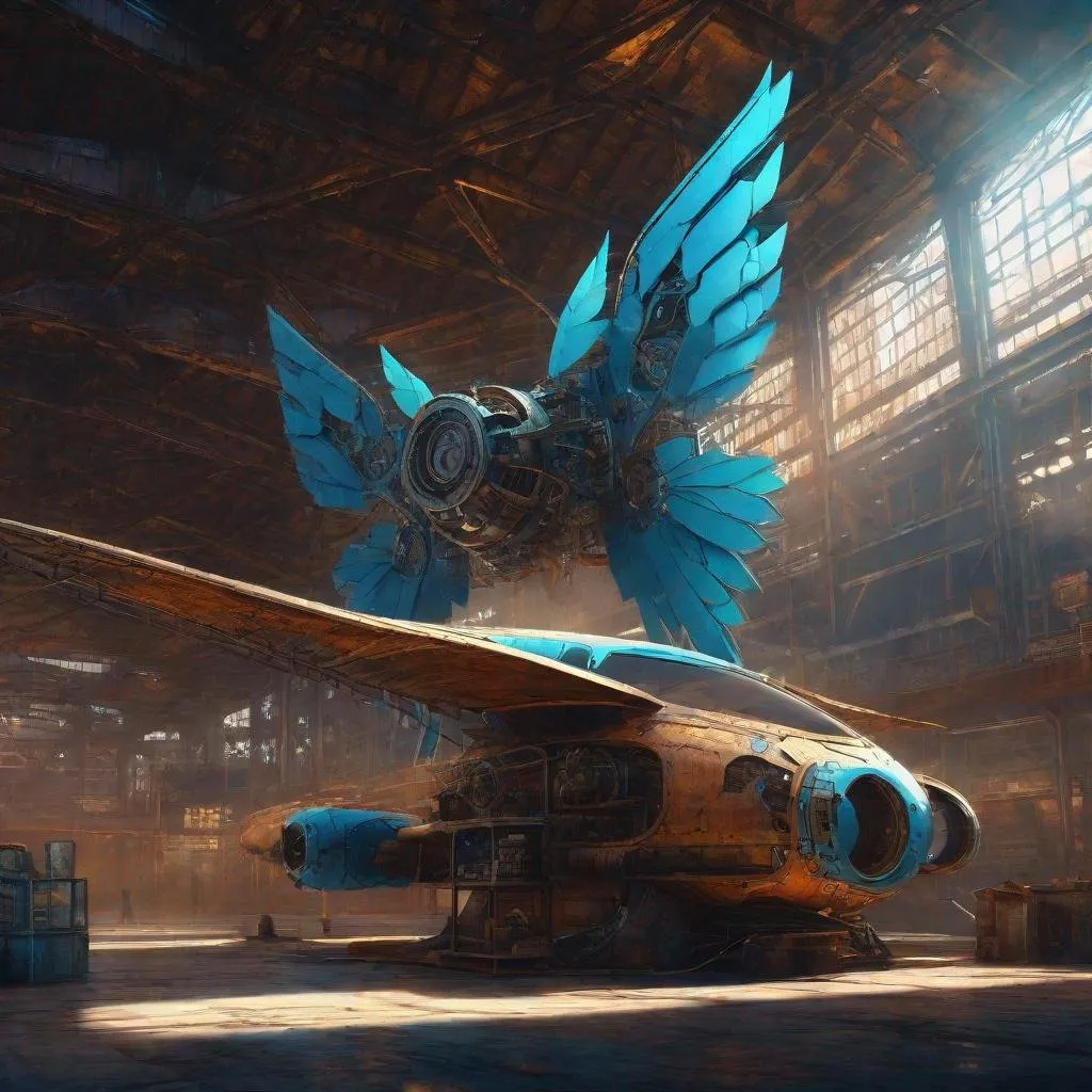 Prompt: digital illustration, wide view of future city, cyberpunk style flying winged machine created from scraps with blue turbine in front of three mechanics inside rusty hangar, word "grand prix" on the wall 4k, high res,