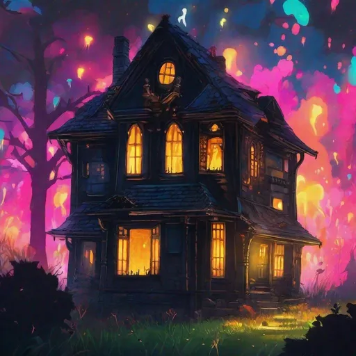 Prompt: one tall house splat painted illustration glowing inside house