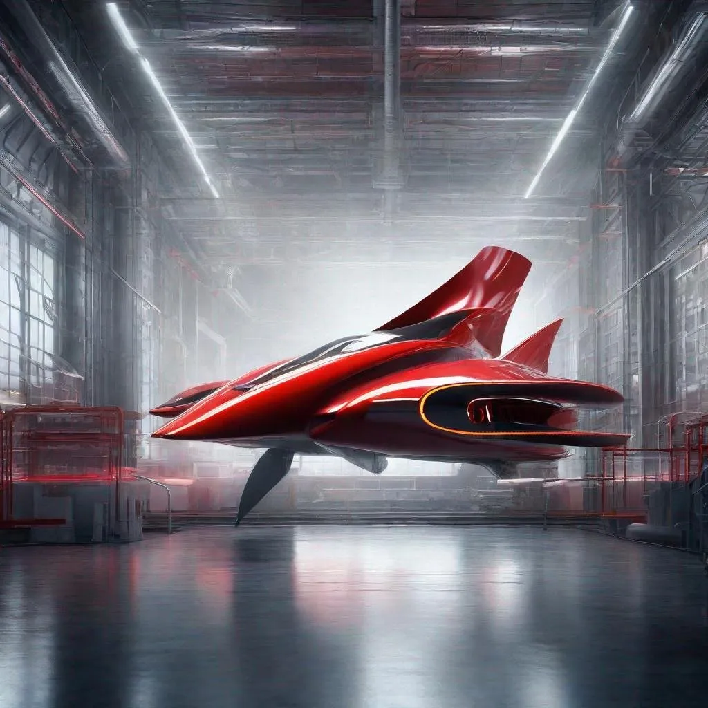 Prompt: wide view of fantasy image of future jet winged machine with red and silver turbine used for grand prix, word "grand prix" on the wall, researcher white coat circled around the machine, 4k, high res,