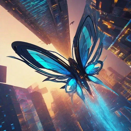 Prompt: below view, digital illustration, big sharp and pointy shaped butterfly flying winged machine created from scraps with blue turbine followed by various color of flying future machine racing through future city, tailights glow, 4k, high res,