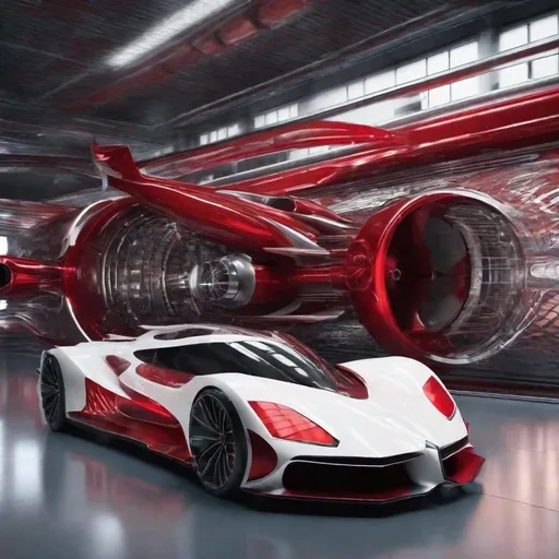 Prompt: wide view of fantasy image of future jet winged machine with red and silver turbine used for grand prix, word "grand prix" on the wall, researcher white coat circled around the machine, 4k, high res,