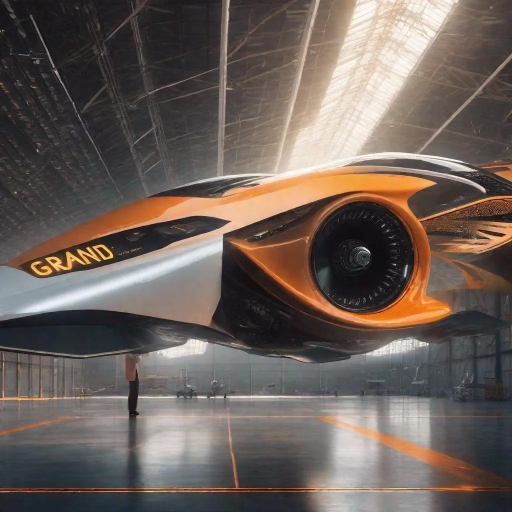 Prompt: digital illustration, wide view of future city, future flying winged machine with black and orange turbine in front of three professor wearing white coat inside hangar, word "grand prix" on the wall 4k, high res,