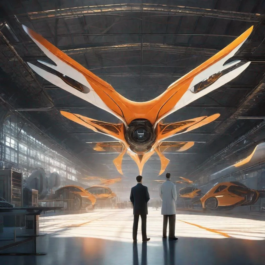 Prompt: digital illustration, wide view of future city, future flying winged machine with black and orange turbine in front of three professor wearing white coat inside hangar, word "grand prix" on the wall 4k, high res,
