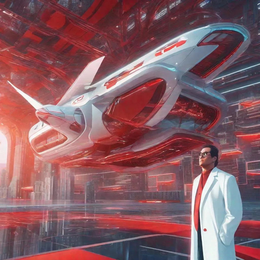 Prompt: digital illustration, wide view of future city, future flying winged machine with red and silver turbine in front of three professor wearing white coat, word "grand prix" on the wall 4k, high res,
