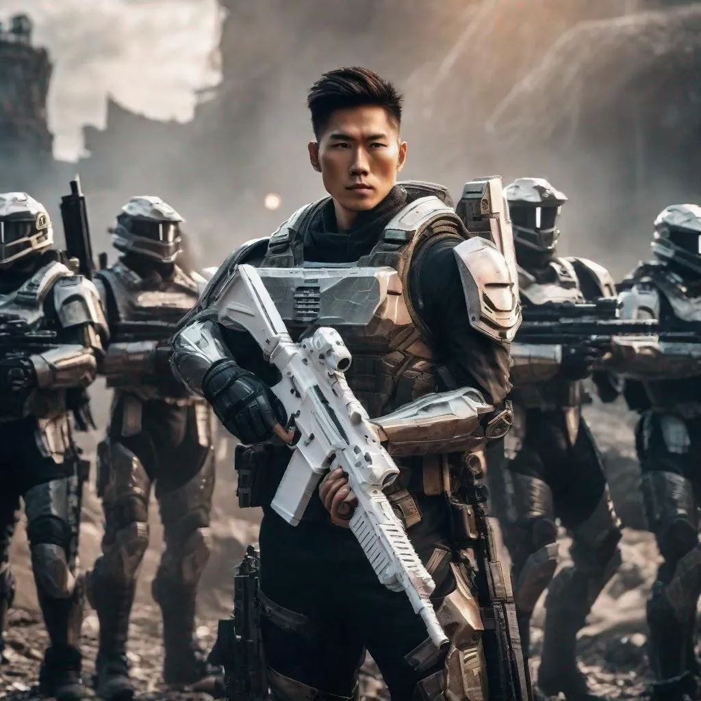 Prompt: realistic photo of magnificent asian man, holding his white banner and glowing gun, surrounded by cyber armored soldiers, battlefield in the background, 4k, highly detailed, intricate details, 