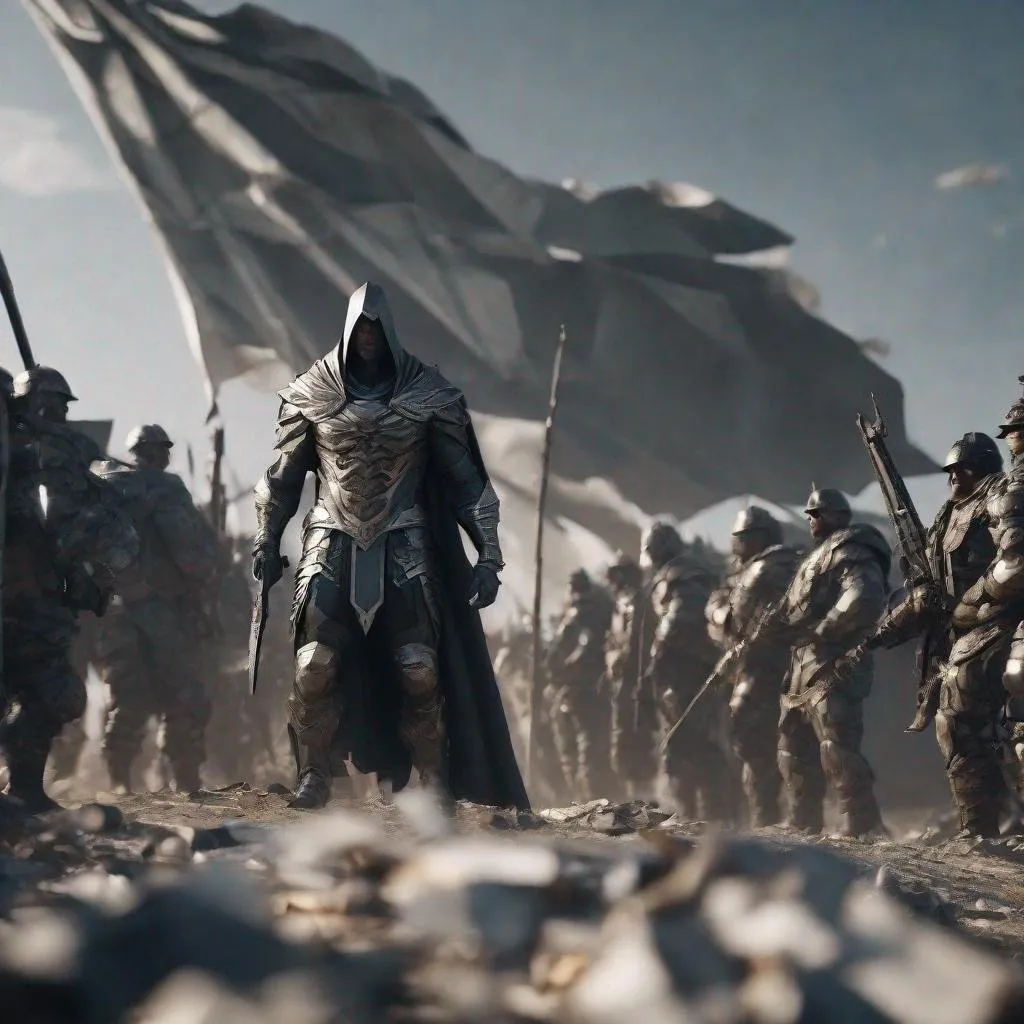 Prompt: realistic photo of apocalypse tall full white waving flag held by white raggid cloak commander with glowing gun while surrounded by scrap armored soldiers battlefield in the background, 4k, highly detailed, intricate details, 