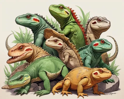 Prompt: Draw me a picture of lots of reptiles in the style of Graeme base