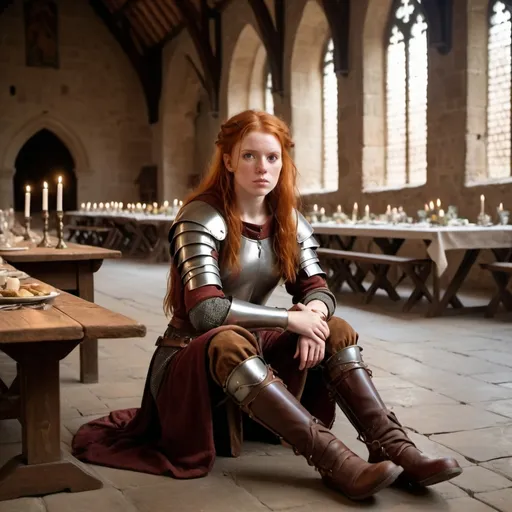 Prompt: A young red haired woman warrior sits at a banquet table in an empty medieval hall. She wears armor over a brown tunic with brown knee high riding boots. The table is a mess like after a brawl.