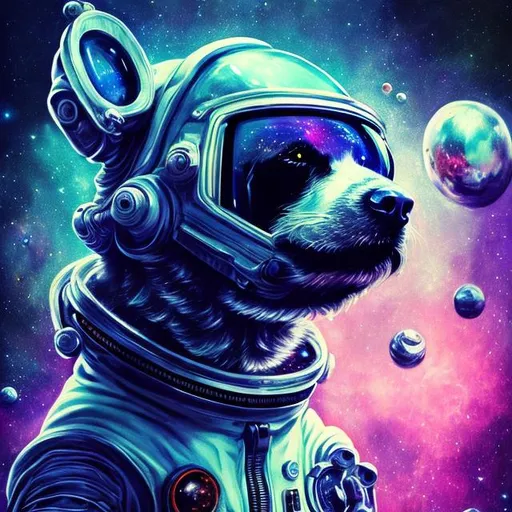 Prompt: Space dog, cosmic theme, futuristic astronaut suit, high-tech space helmet, floating in zero gravity, stars and galaxies in the background, detailed fur with cosmic reflections, intense and focused gaze, high-tech collar, best quality, highres, ultra-detailed, cosmic, futuristic, space, detailed eyes, sleek design, professional, atmospheric lighting