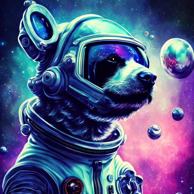 Prompt: Space dog, cosmic theme, futuristic astronaut suit, high-tech space helmet, floating in zero gravity, stars and galaxies in the background, detailed fur with cosmic reflections, intense and focused gaze, high-tech collar, best quality, highres, ultra-detailed, cosmic, futuristic, space, detailed eyes, sleek design, professional, atmospheric lighting