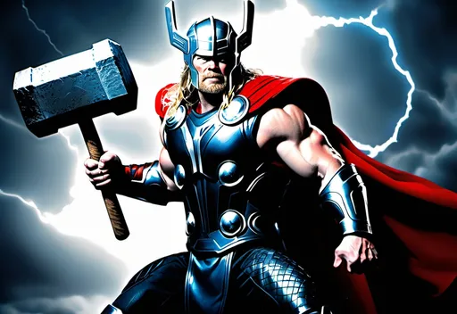 Prompt: O super-herói "Thor" segura o cabo de 1 poderoso martelo de ferro brilhante.