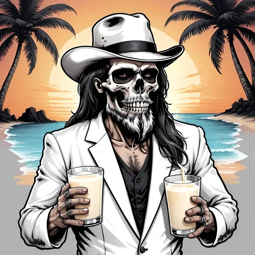 Prompt: A skull wearing a white suit with white detailing. With dark long hair and a thick long beard and moustache drinking a glass of milk with skeleton hand Wearing a vanilla panama hat. Carribean Sunset background