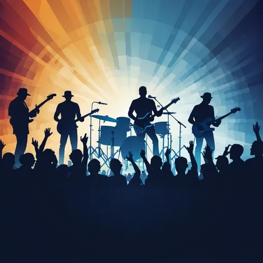 Prompt: Abstract background inspired by blues and rock music. Musicians play in front of crowd.