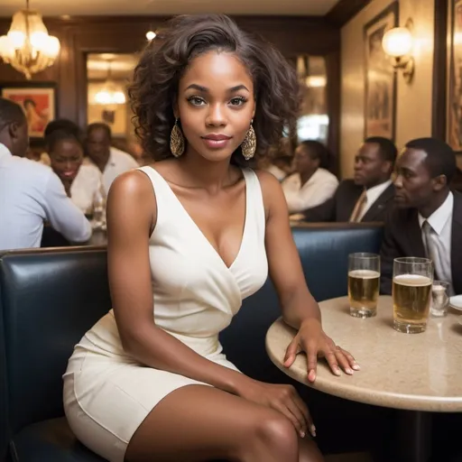 Prompt: A ravishing African woman with a luminous complexion and light skin sits elegantly in a thriving restaurant, her short skirt and cross-legged pose commanding attention. Men around her gaze in awe, their faces etched with admiration and wonder. One man's eyes widen, his eyebrows rising in appreciation, while another's mouth curves into a subtle smile, his eyes crinkling at the corners. A third man's jaw drops slightly, his eyes fixed intently on her, his expression a testament to her captivating beauty. The air is electric with their collective admiration, her presence a true showstopper in the bustling space.