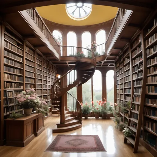 Prompt: Biblioteca con un ventanal enorme  porque es de dos pisos que sean blancos los muebles y con muchos libros y flores con una escalera de caracol y más abierto con más ventanales que se vea el paisaje con más flores