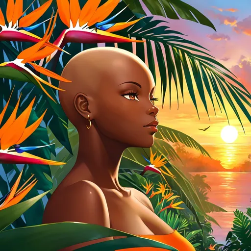 Prompt: Bald black woman with bird of paradise background
