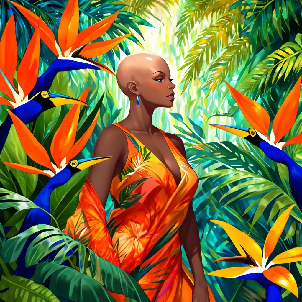 Prompt: Bald black woman with bird of paradise background
