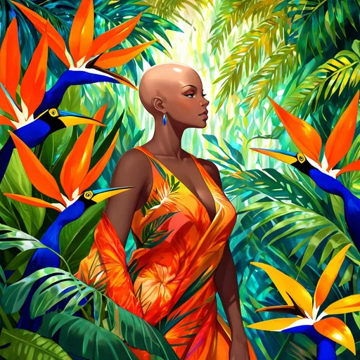 Prompt: Bald black woman with bird of paradise background
