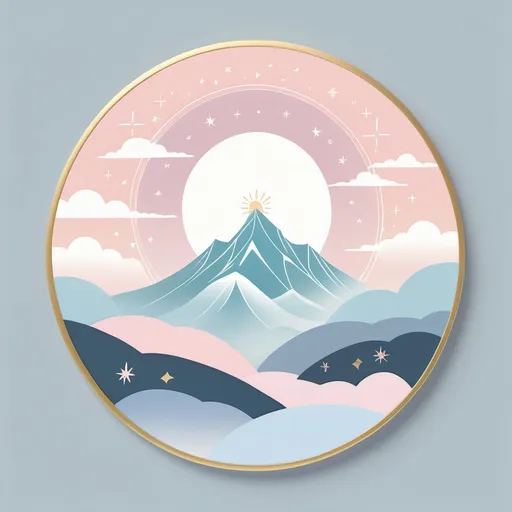 Prompt: "
"Create a serene graphic featuring a circular design with a soft pastel gradient background, blending light blue and soft pink. In the center, place a minimalist mountain silhouette in pale gray. Surround the mountain with whimsical white clouds and tiny stars. Add a gentle sun peeking over the peak, and use an elegant, curved font to include a motivational quote at the bottom in soft gold."