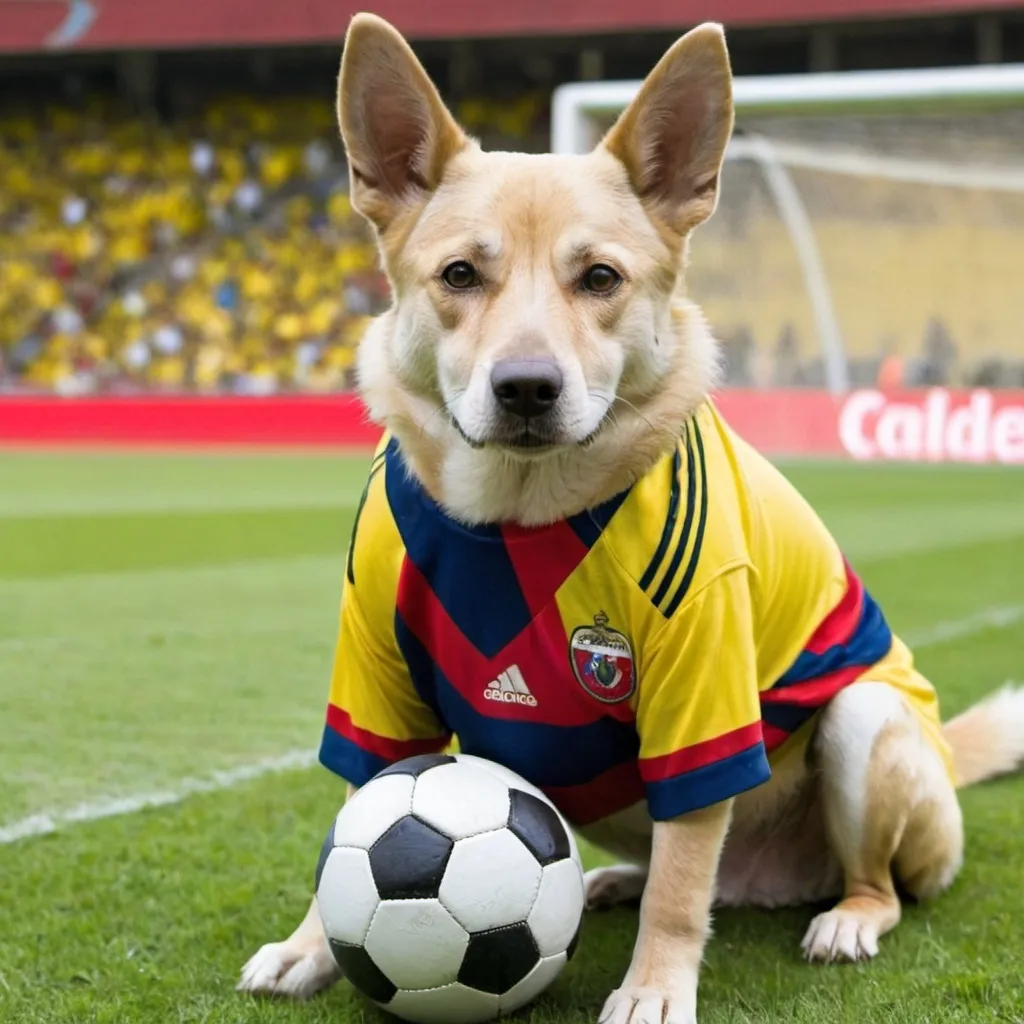 Prompt: A dog is using a soccer colombian team 