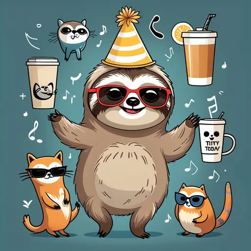 Prompt: Sassy Sloth - A sloth hanging from a branch with a cheeky grin, holding a coffee cup that says "Not today."
Dancing Dog - A happy dog in a party hat doing a silly dance with music notes around it.
Chill Cat - A relaxed cat lounging in a sunbeam with sunglasses and a tiny cocktail.
Adventure Owl - An owl wearing a backpack and a tiny explorer's hat, ready for an adventure with a map.
Geeky Turtle - A turtle with oversized glasses and a book, surrounded by floating math equations.
Superhero Rabbit - A rabbit in a cape, striking a superhero pose with a city skyline in the background.
Happy Hedgehog - A hedgehog rolling on its back, laughing, surrounded by little stars and hearts.
Fashionista Fox - A stylish fox wearing a trendy outfit and accessories, posing with a mirror.
Playful Panda - A panda playfully tumbling down a hill, with bamboo sticks flying everywhere.
Sleepy Bear - A bear snuggled up in a blanket with a nightcap, surrounded by zzz's and little stars.