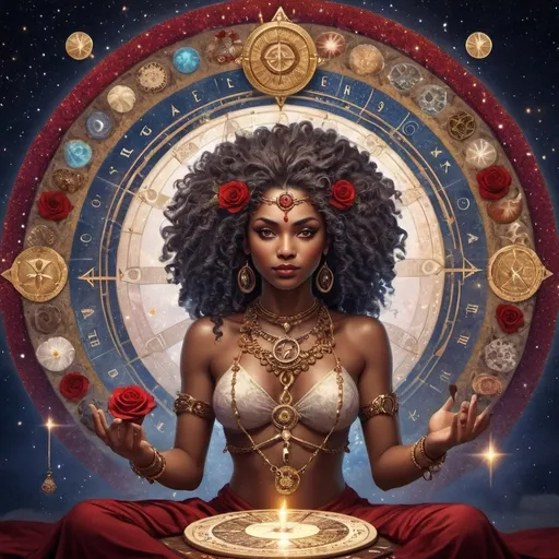 Prompt: Create an image of an African tarot goddess who has curly hair, in a lit background with the symbol of the compass rose of the winds in a mandala with mystical symbols of Adrinka, seashells are part of the environment along with crystals and red roses, she has golden jewelry, and has supernatural powers to read and unravel cards of love, money, abundance, good fortune, numerology, luck and prosperity.