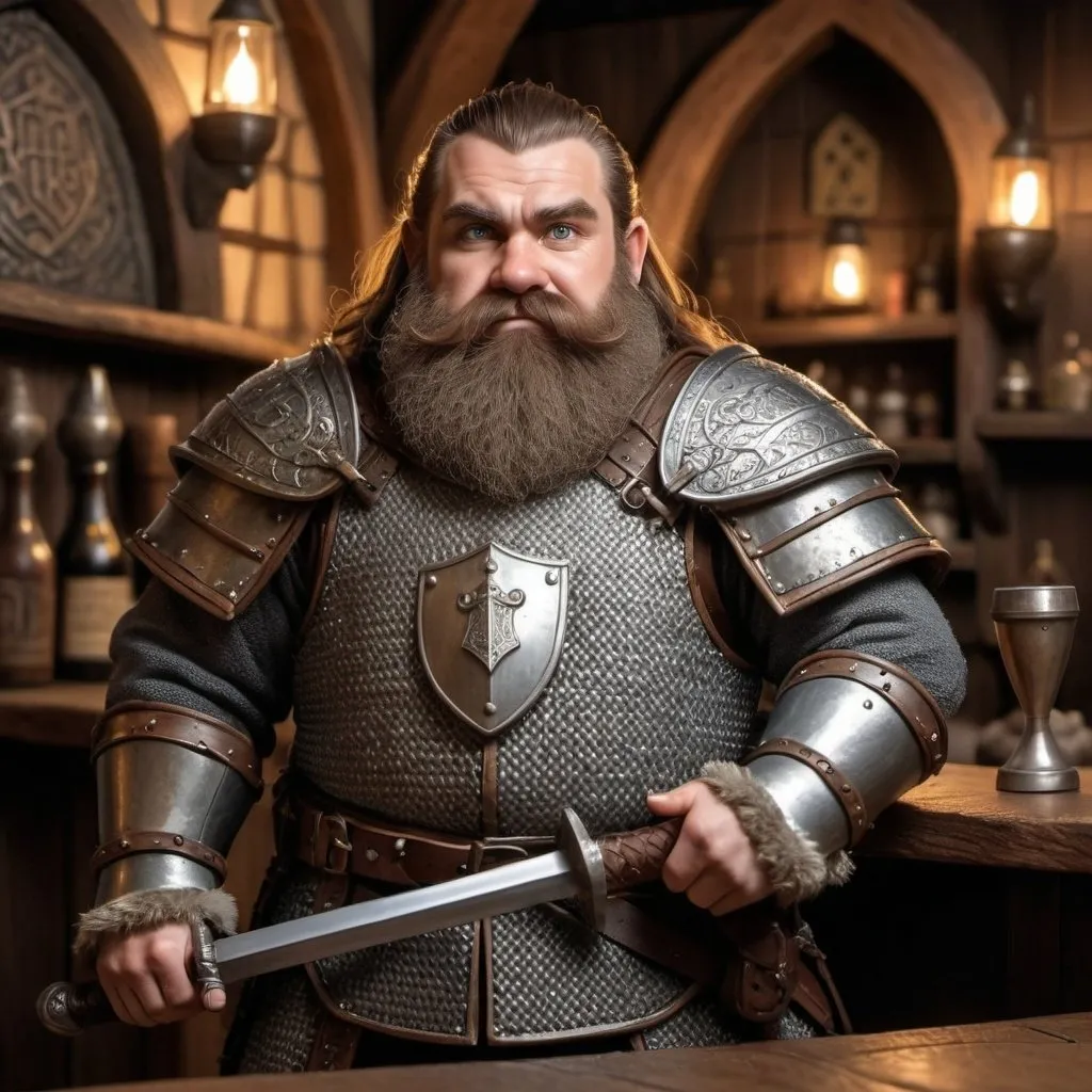 Prompt: Dwarf in scale mail, holding a steel shield and rapier, standing behind a bar, cleric attire, medieval fantasy style, warm and cozy lighting, detailed beard and facial features, high quality, medieval fantasy, scale mail, steel shield, rapier, cleric attire, cozy lighting, detailed beard